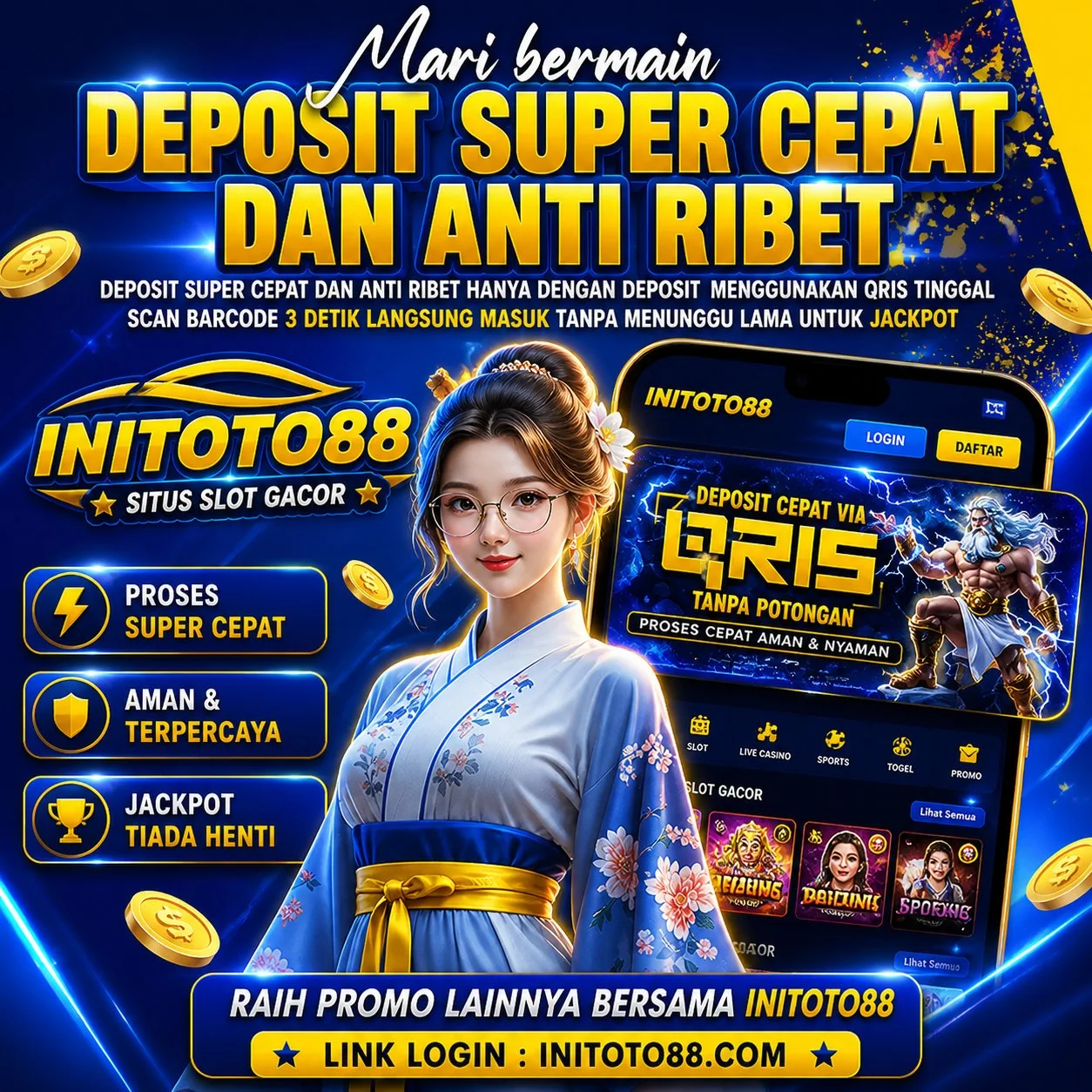 Visual promosi INITOTO88 untuk agen Toto4D online, situs Slot777, dan akses Qris Slot praktis