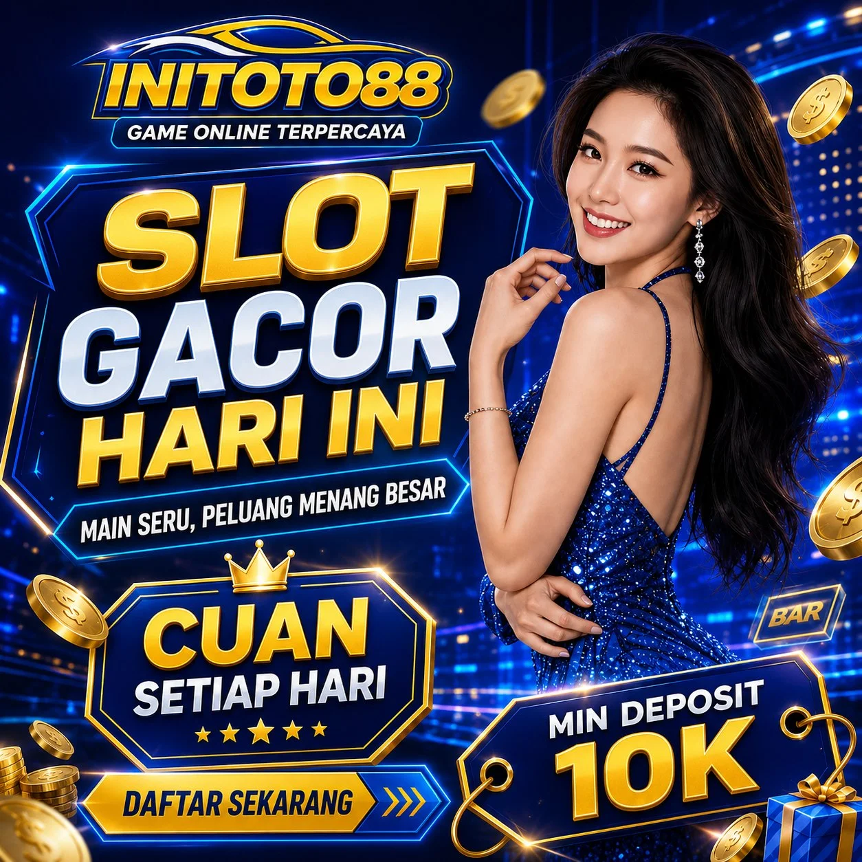 Visual promosi INITOTO88 untuk akses Slot Mania, Qris Slot, Toto 4D, dan Togel Macau terbaru